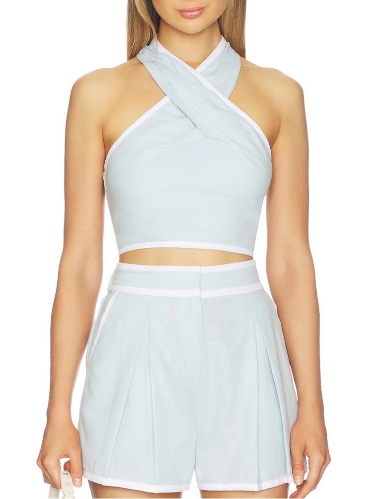 Bb Dakota Light Blue Cross-Neck Crop Top And High-Waist Shorts Set